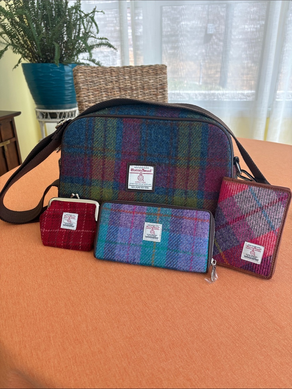 NWT Harris Tweed Multicolor Plaid Crossbody Bag with Wallet Set